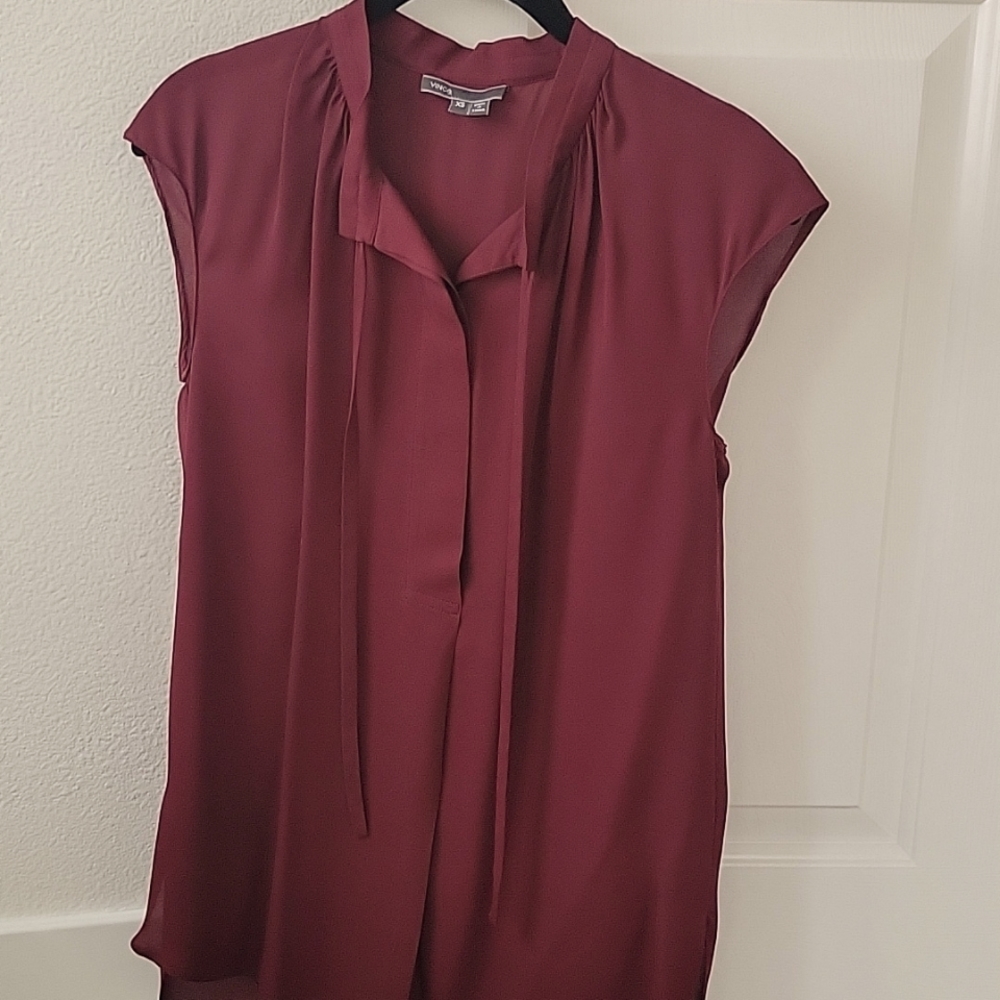 Vince Sleeveless Tie-Neck Blouse in Burgundy